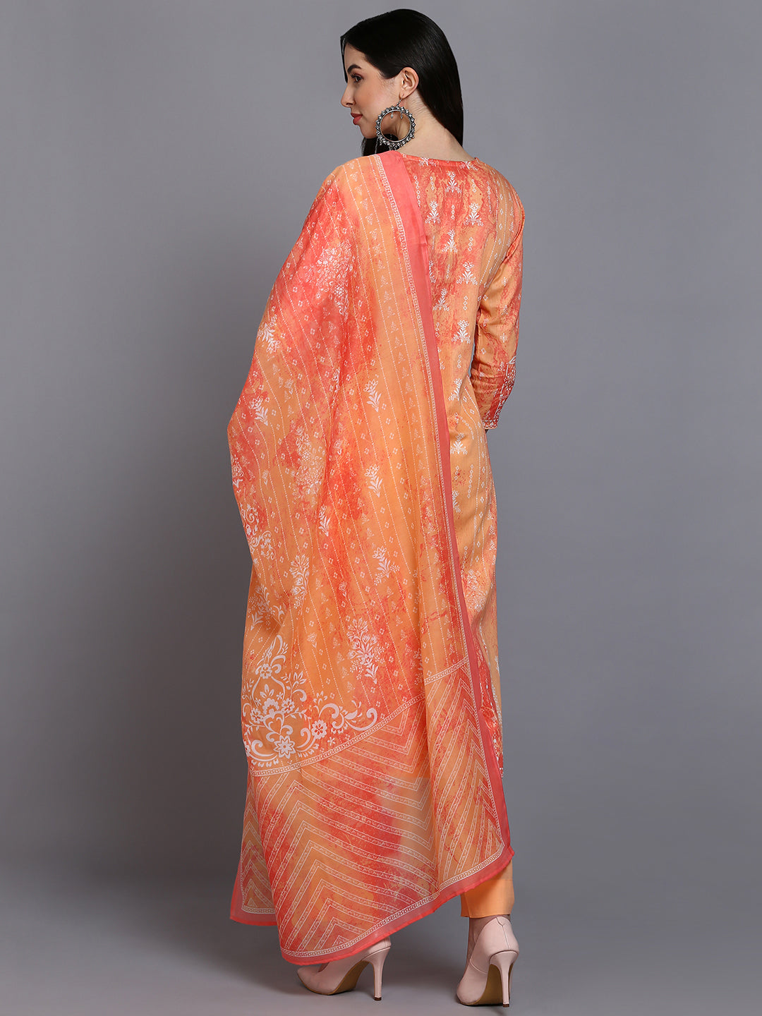 Cotton Orange Printed Straight Kurta Pant With