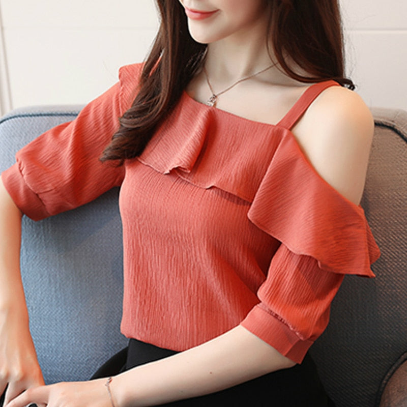 Summer Women Blouses Short Sleeve Chiffon Blouse Off Shoulder Tops