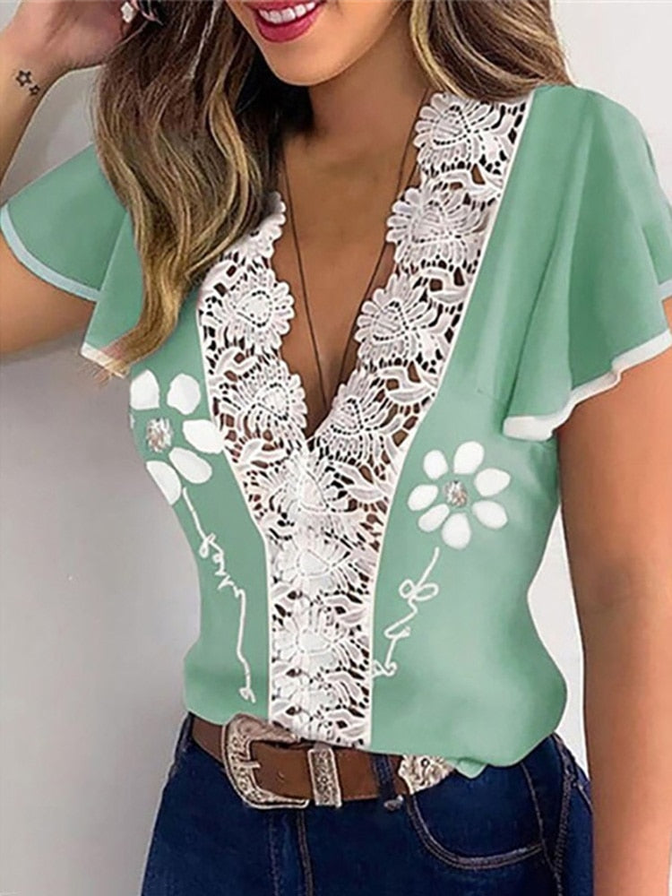 Hollow Out Sexy Lace Elegant  Blouse