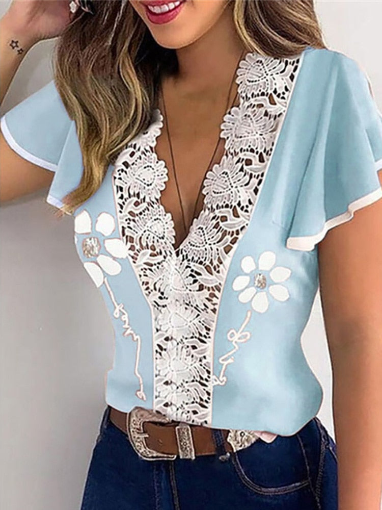 Hollow Out Sexy Lace Elegant  Blouse