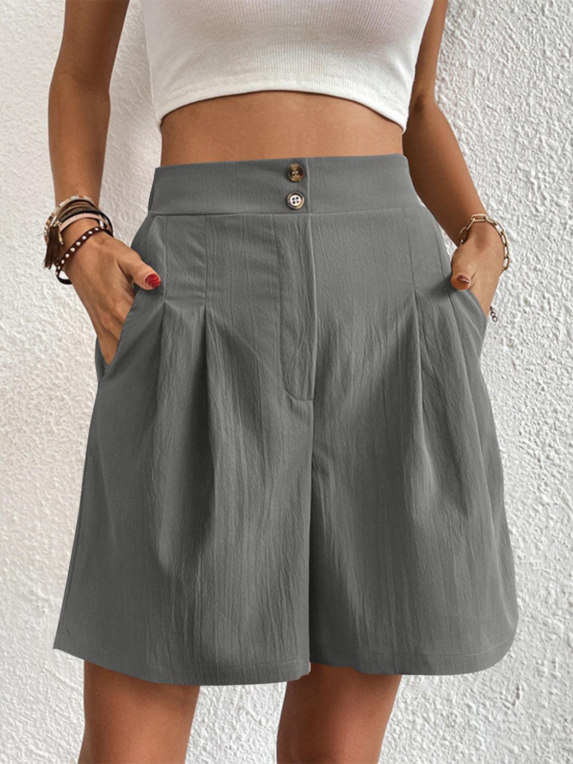 Pleated Front High Waisted Wide Leg Shorts