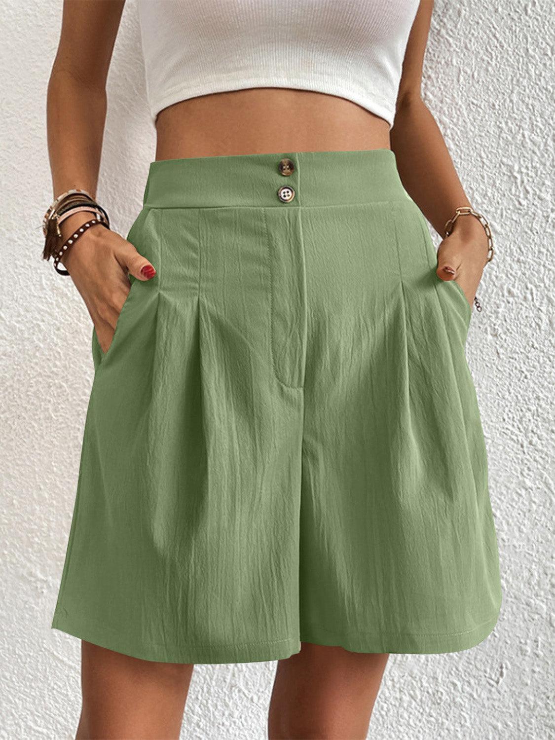 Pleated Front High Waisted Wide Leg Shorts