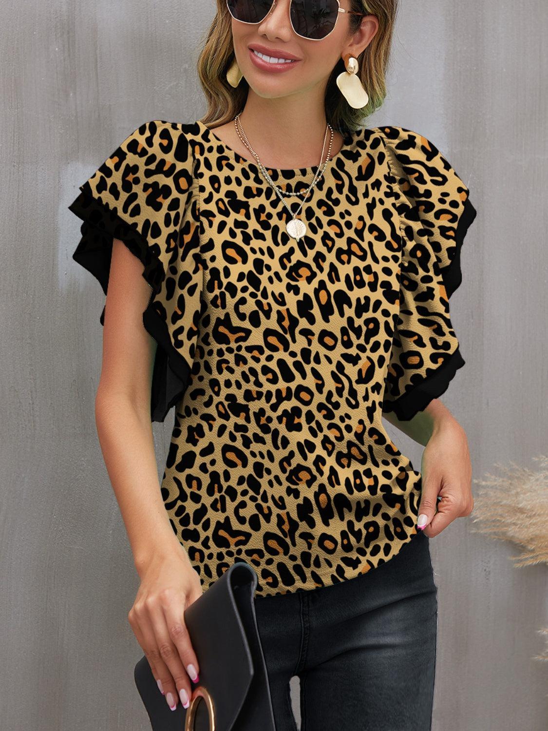 Wild In Style Ruffled Sleeve Leopard Print Blouse
