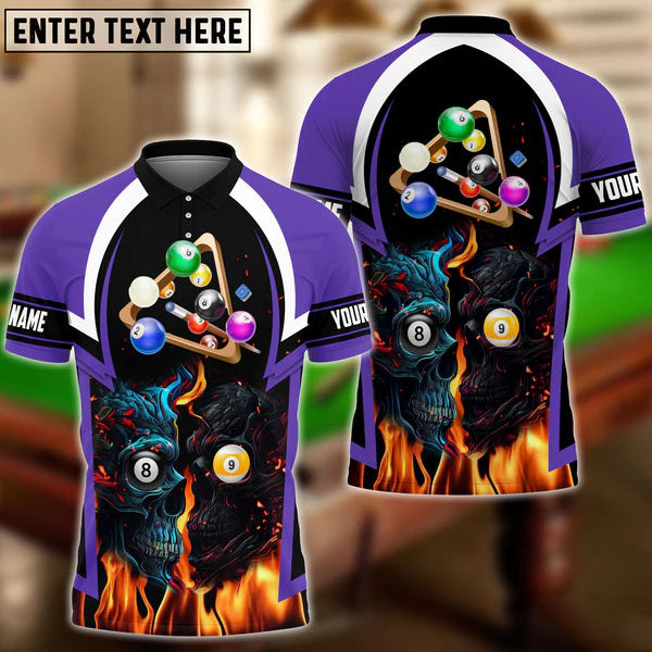 8 and 9 Ball Billiards Skull Customized Name 3D Polo Shirt/ Gift for Pooler