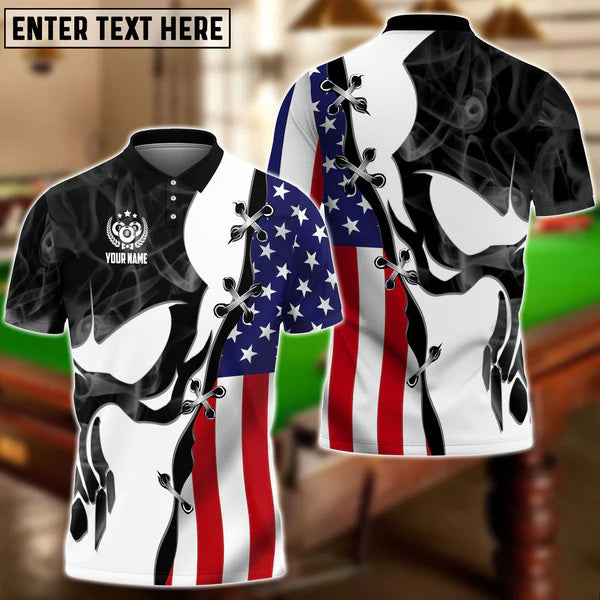 Billiards Skull USA Flag Smoke Personalized Name 3D Polo Shirt/ Perfect Gift for Billiard Lovers