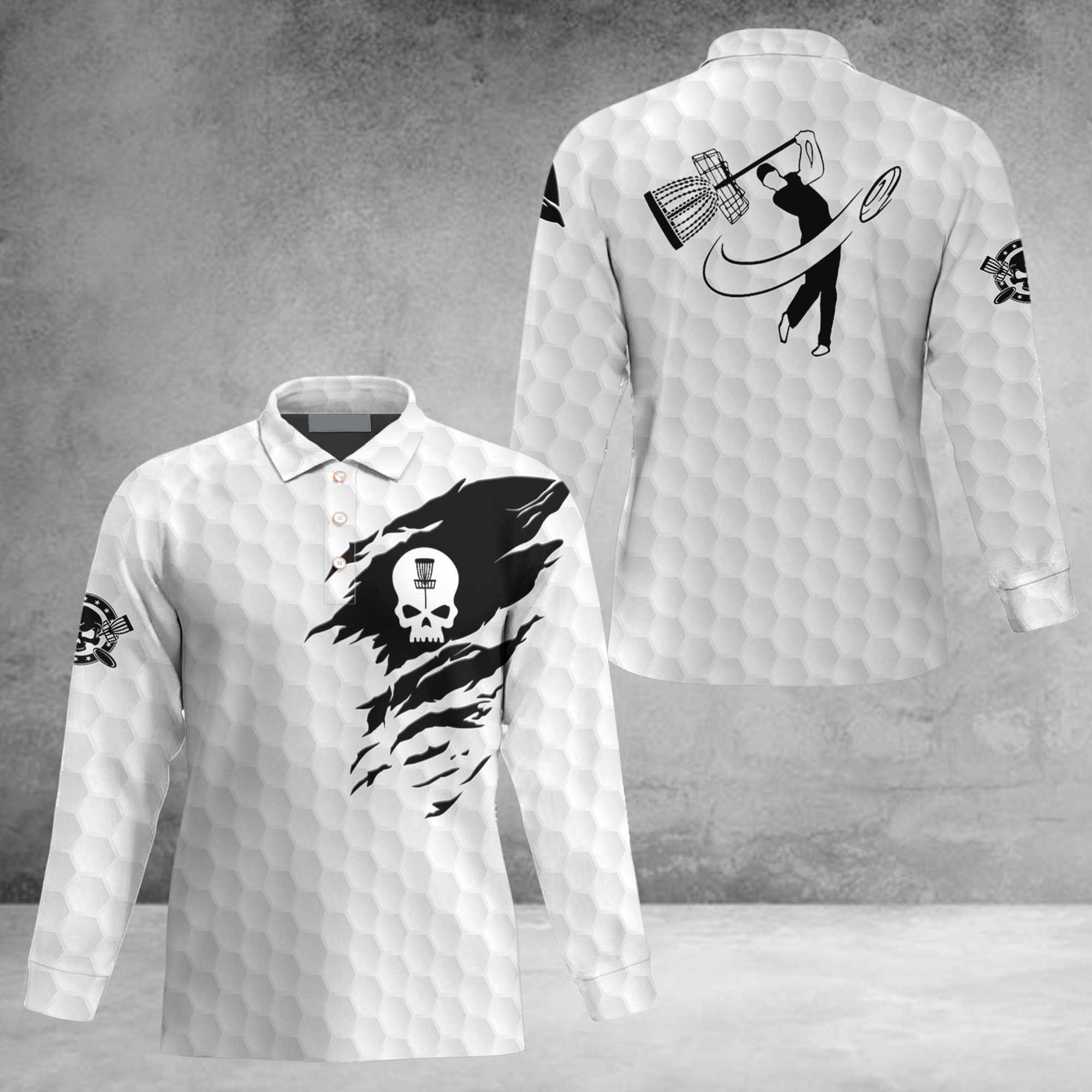 Disc Golf Skull Men''s Long Sleeve Polo Shirt/ Black And White Skull Disc Golf Shirt/ Disc Golf Long Sleeve Shirt