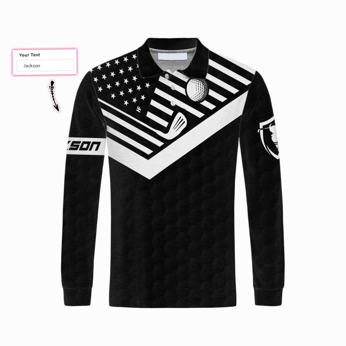 Personalized Custom Name Your Hole Is My Goal Men''s Long Sleeve Polo Shirt/ Golfing Shirt For Men/ American Flag Golf Shirt