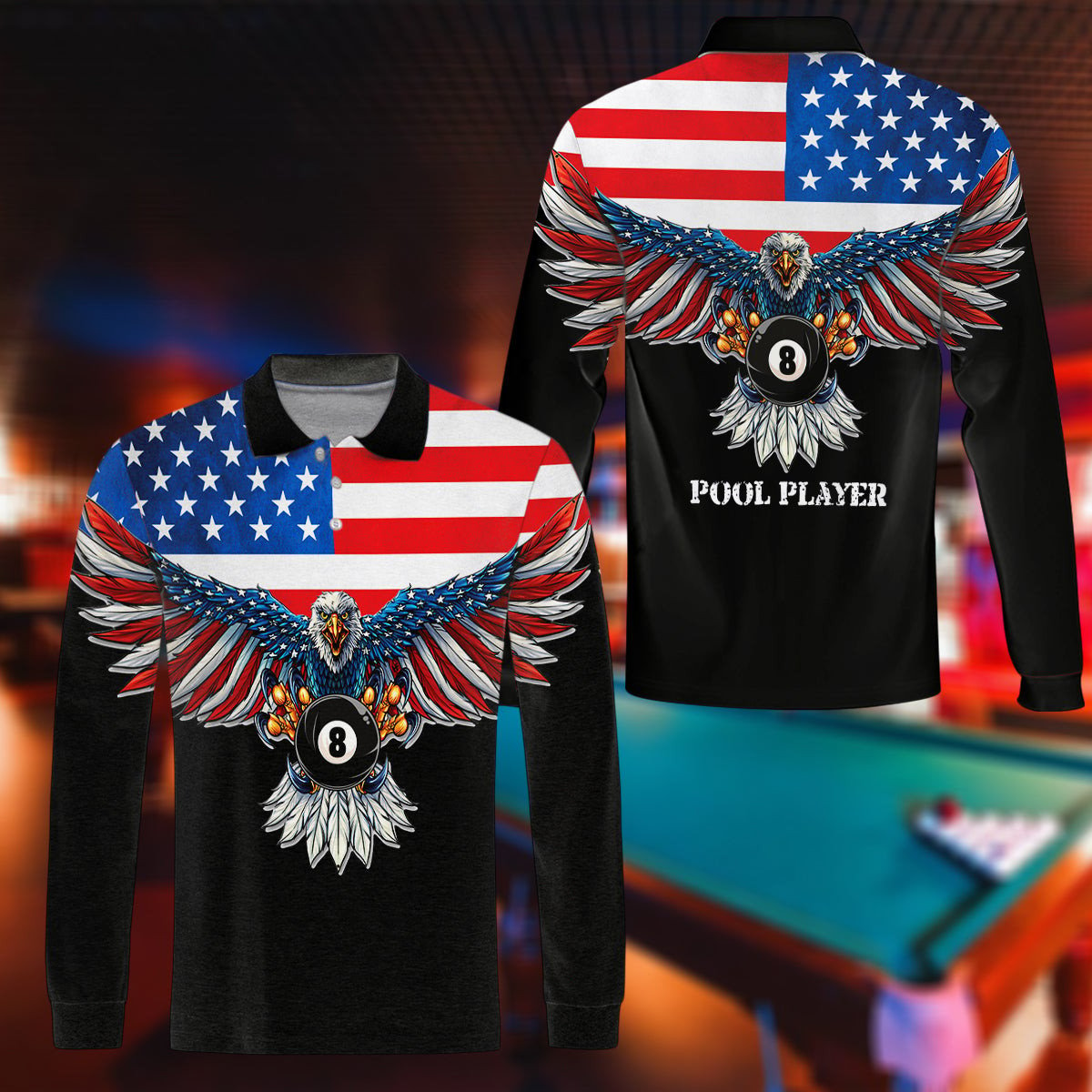 Billiards American Eagle Men''s Long Sleeve Polo Shirt/ Cool Billiards Shirt For Patriotic Pool Players