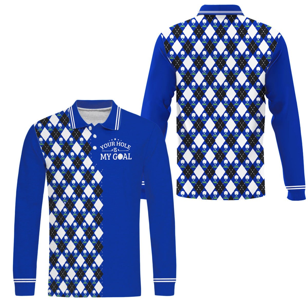 Your Hole Is My Goal Remastered Men''s Long Sleeve Golf Polo Shirt/ Blue Plaid Pattern Long Sleeve Golf Shirt