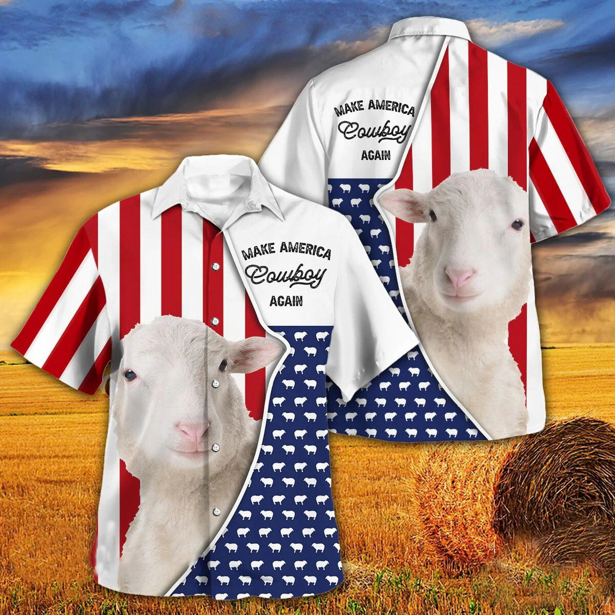 Independence Day Sheep Make America Cowboy Again With American Flag Pattern Hawaii Hawaiian Shirt
