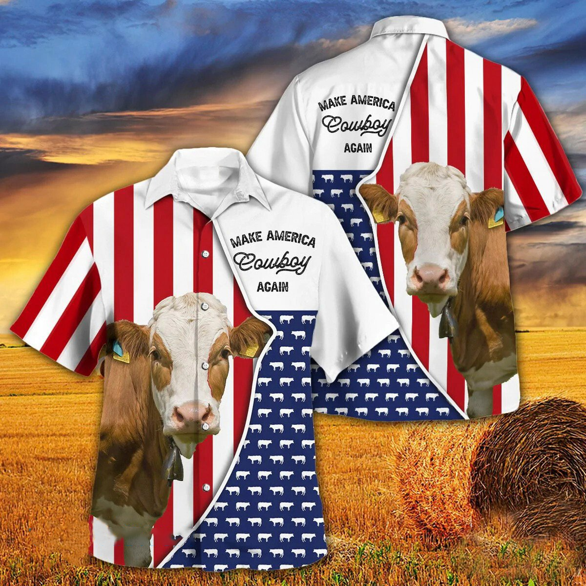 Independence Day Simmental Cattle Make America Cowboy Again With American Flag Pattern Hawaii Hawaiian Shirt