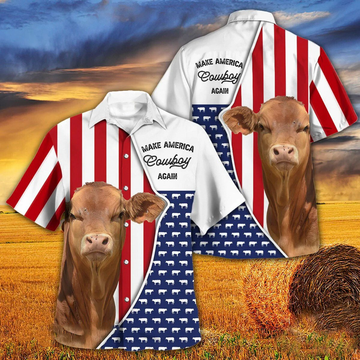 Independence Day Beefmaster Cattle Make America Cowboy Again With American Flag Pattern Hawaii Hawaiian Shirt