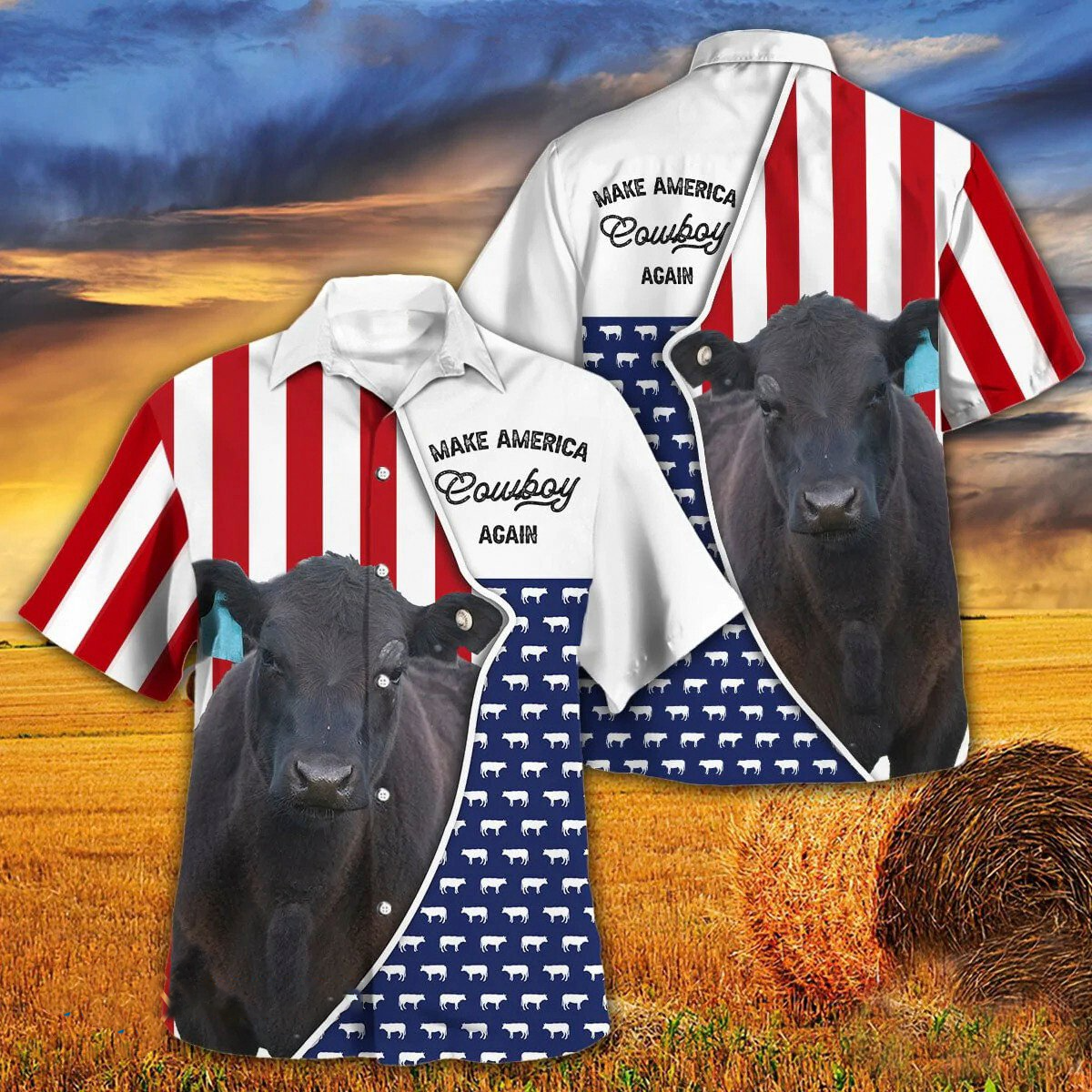 Independence Day Black Angus Cattle Make America Cowboy Again With American Flag Pattern Hawaii Hawaiian Shirt