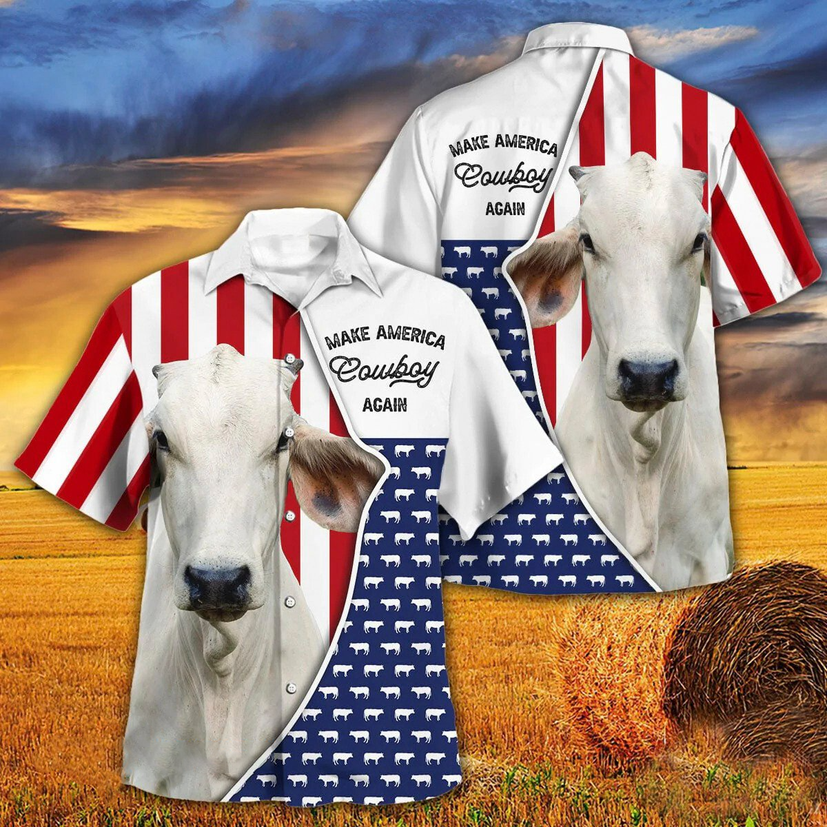 Independence Day Brahman Cattle Make America Cowboy Again With American Flag Pattern Hawaii Hawaiian Shirt
