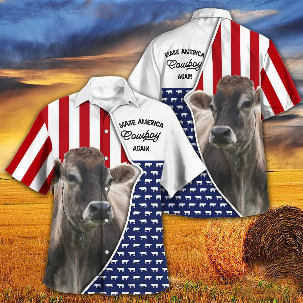 Independence Day Brown Swiss Cattle Make America Cowboy Again With American Flag Pattern Hawaii Hawaiian Shirt