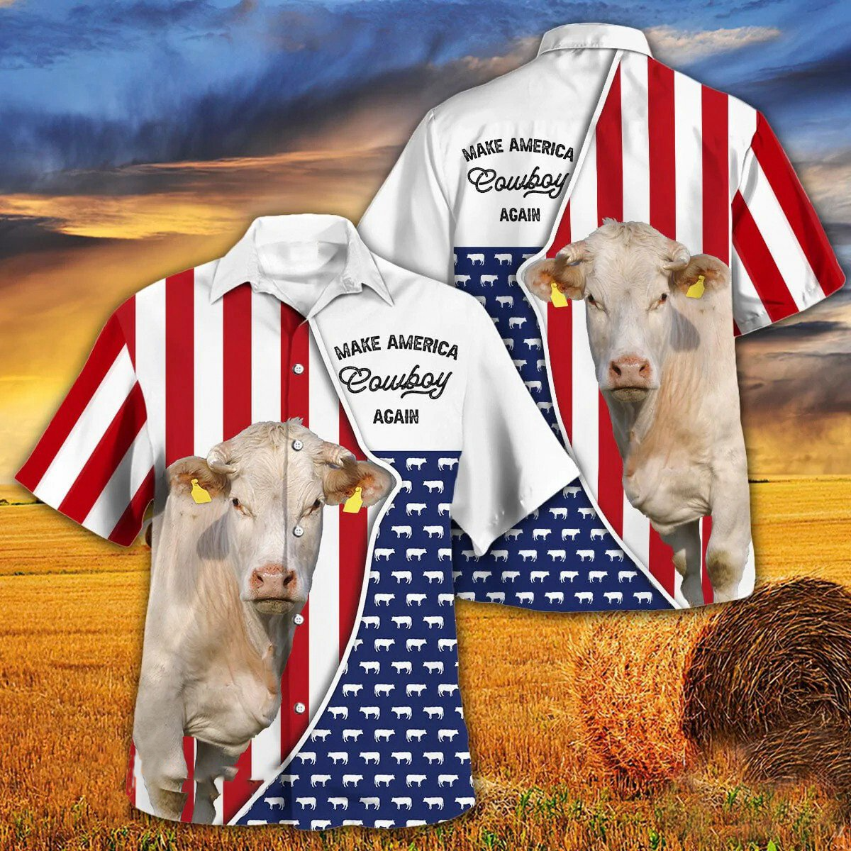 Independence Day Charolais Cattle Make America Cowboy Again With American Flag Pattern Hawaii Hawaiian Shirt