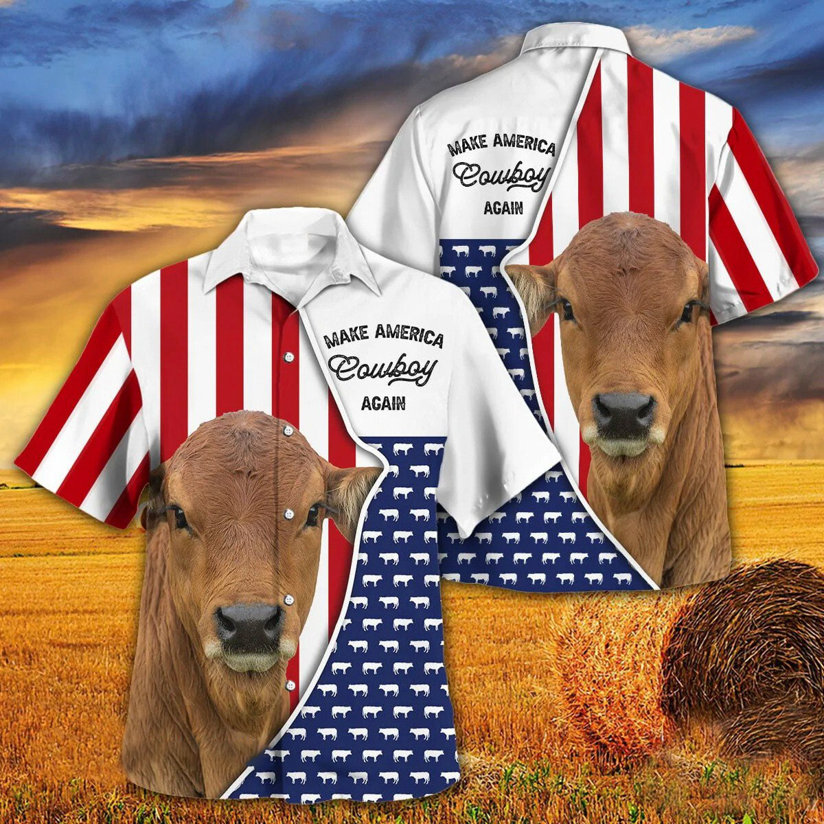 Independence Day Gelbvieh Cattle Make America Cowboy Again With American Flag Pattern Hawaii Hawaiian Shirt