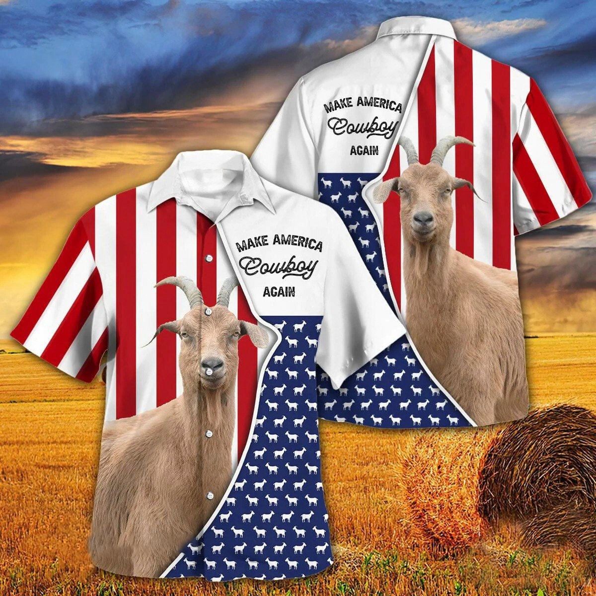 Independence Day Goat Make America Cowboy Again With American Flag Pattern Hawaii Hawaiian Shirt