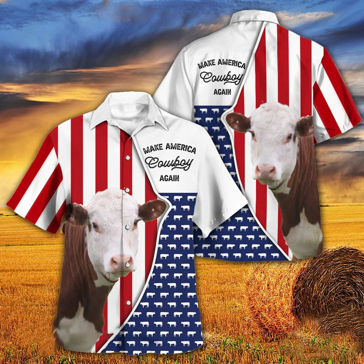 Independence Day Hereford Cattle Make America Cowboy Again With American Flag Pattern Hawaii Hawaiian Shirt