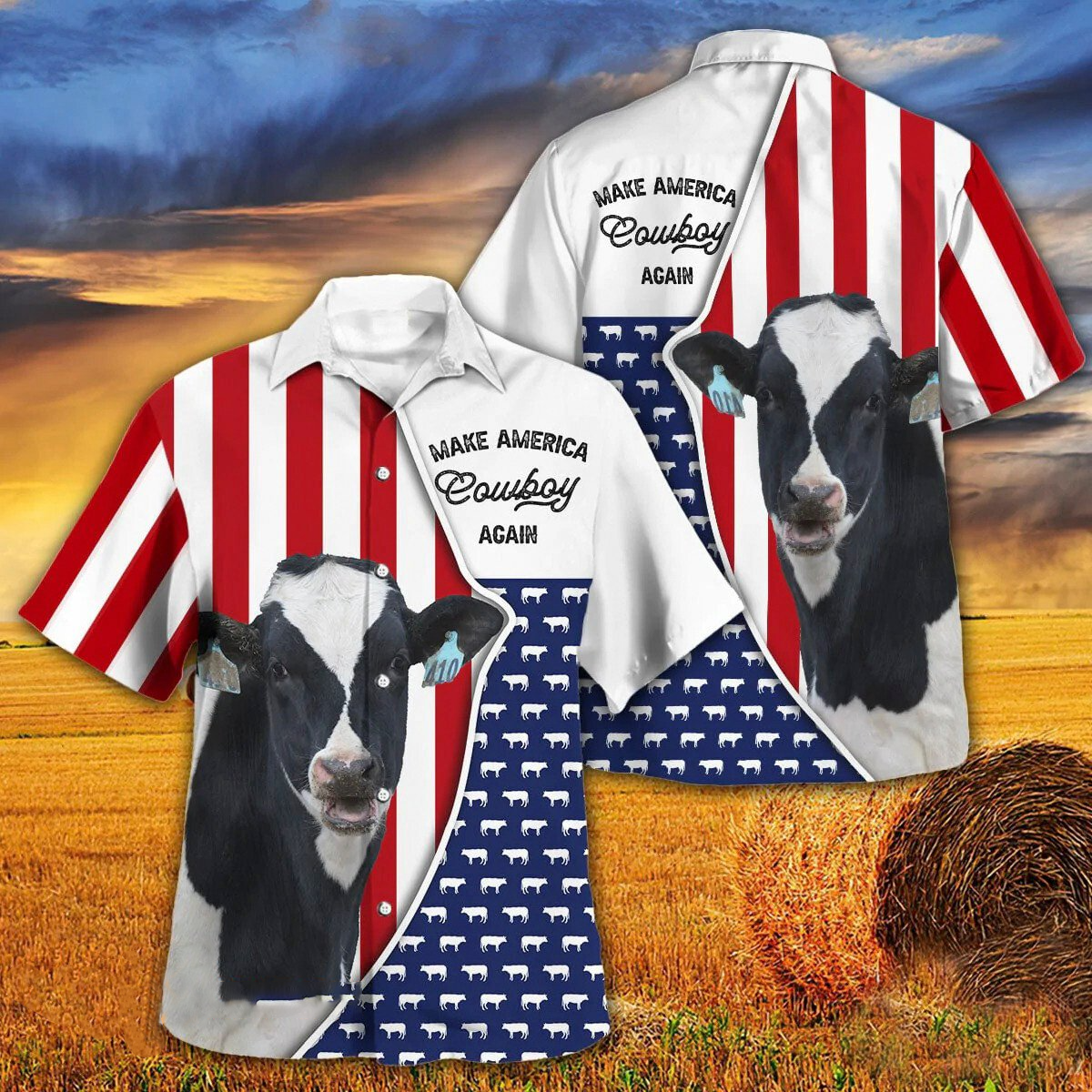 Independence Day Holstein Cattle Make America Cowboy Again With American Flag Pattern Hawaii Hawaiian Shirt