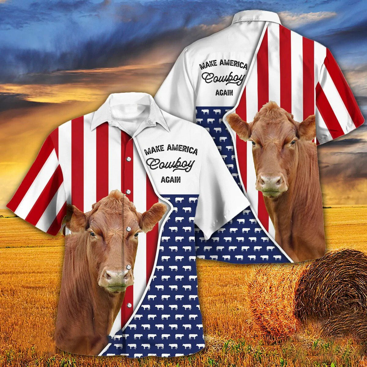 Independence Day Limousin Cattle Make America Cowboy Again With American Flag Pattern Hawaii Hawaiian Shirt