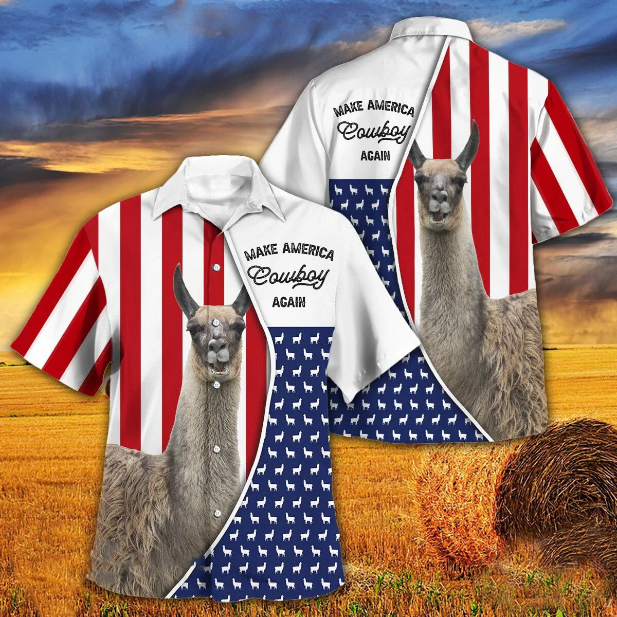 Independence Day Llama Make America Cowboy Again With American Flag Pattern Hawaii Hawaiian Shirt