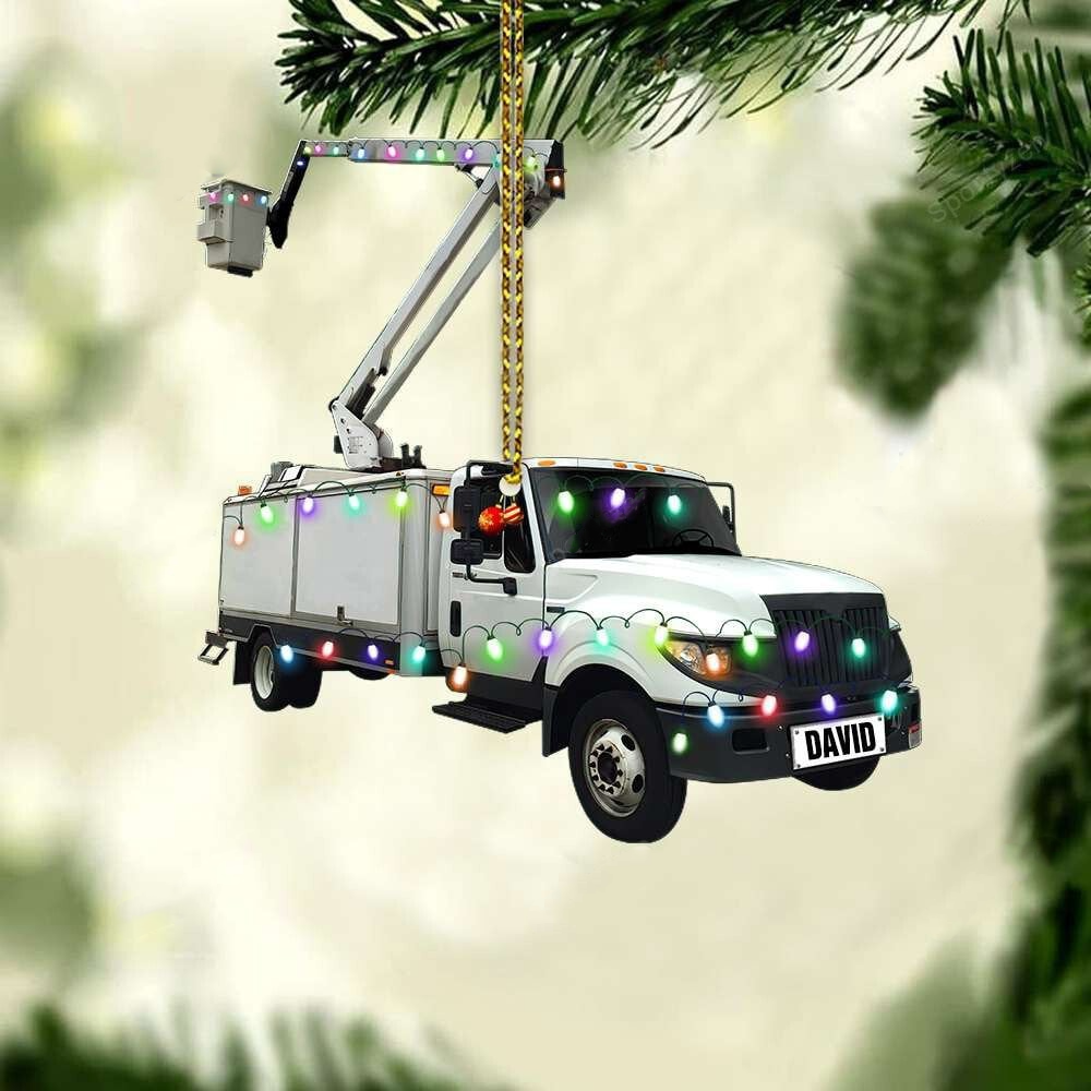 Personalized Name Lineman Bucket Truck Merry Christmas Shaped Ornament/ Gift for Lineman