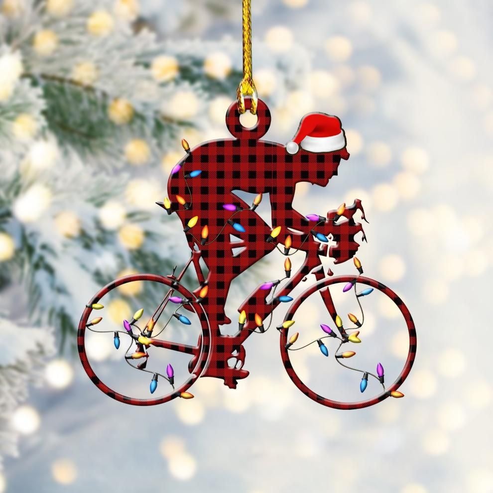 Bicycling Red Buffalo Plaid Acrylic Christmas Ornaments/ 2D Flat Ornament