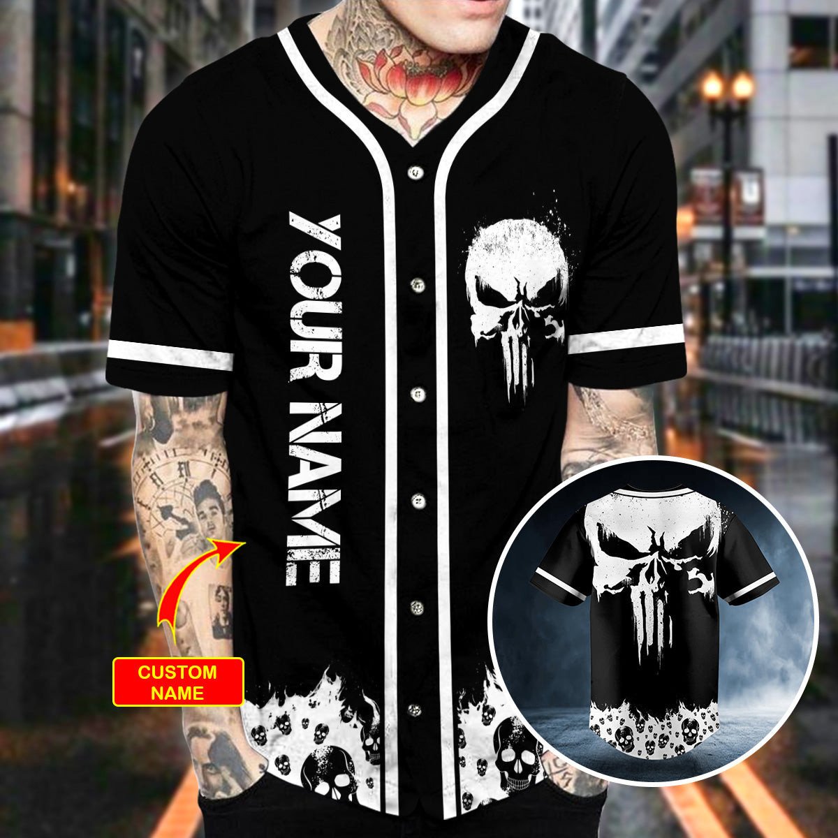 Personalized White Punisher Skull Custom Name Baseball Jersey/ Skull Jersey Shirt