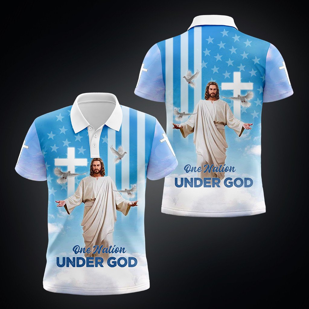 Blue One Nation Under God US Flag Jesus Independence Day July 4th Polo Shirt