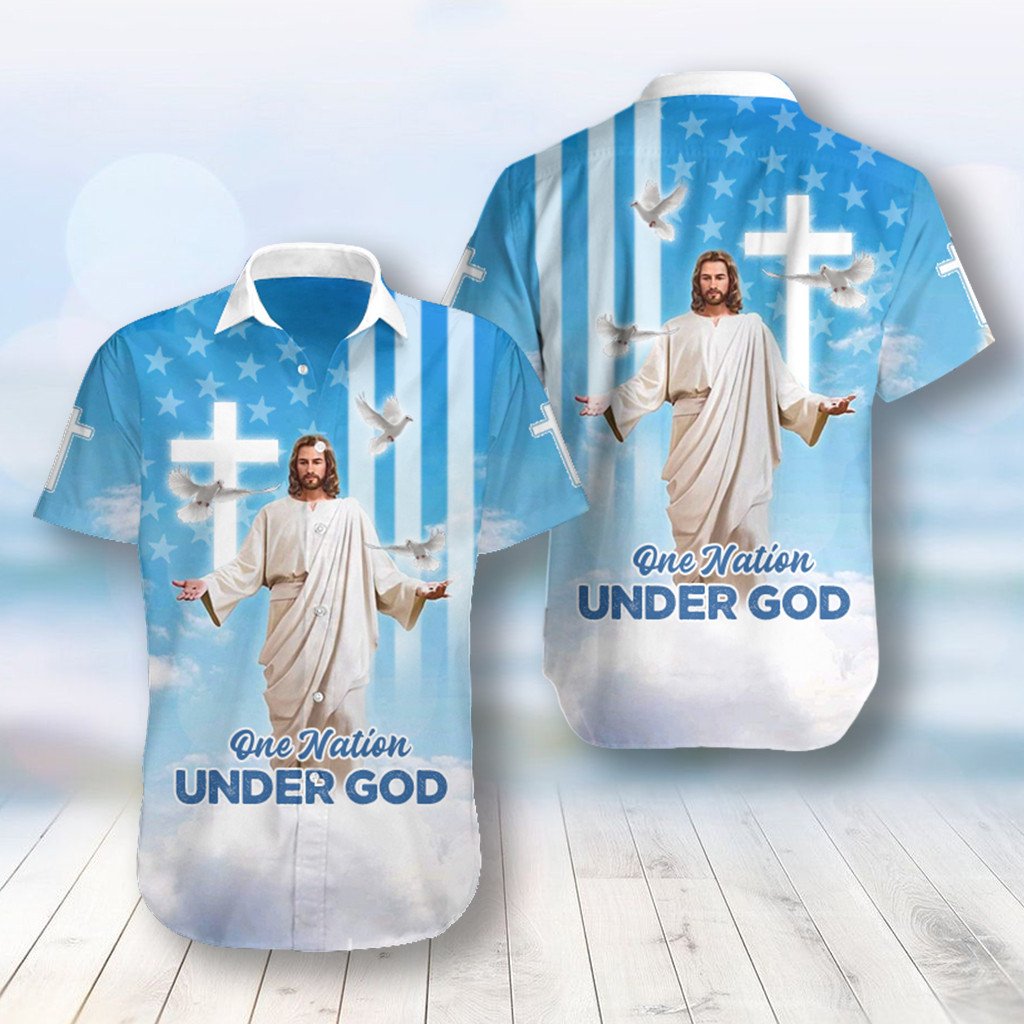 Blue One Nation Under God US Flag Jesus Independence Day July 4th Hawaiian Shirt
