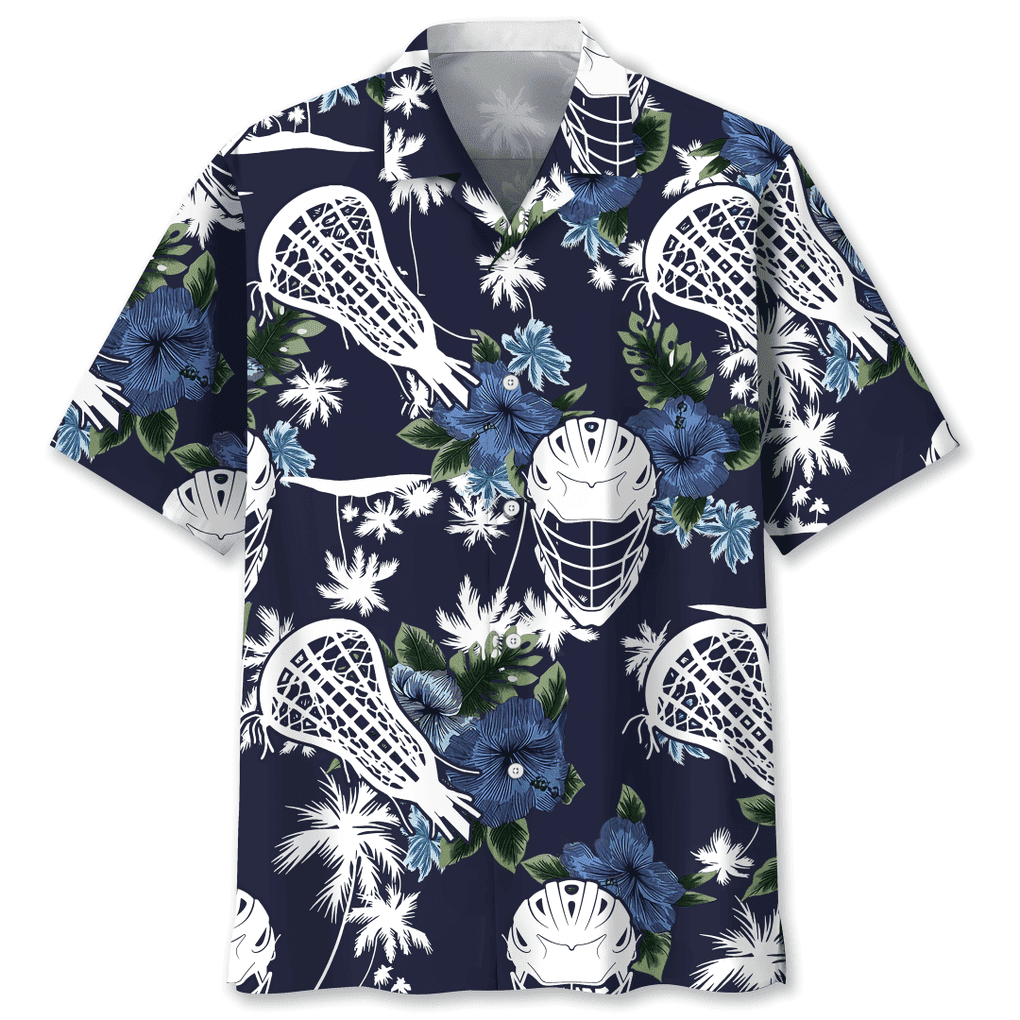 Lacrosse Shirt - Blue Lacrosse With Tropical Seamless Pattern In Black Hawaii Shirt - Gifts For Lacrosse Players
