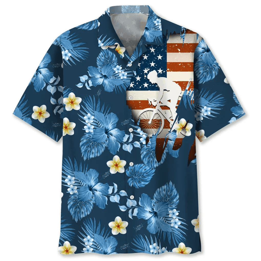 Cycling Usa Blue Tropical Hawaiian Shirt/ Hawaii Shirt for Men Women/ Flag Shirt