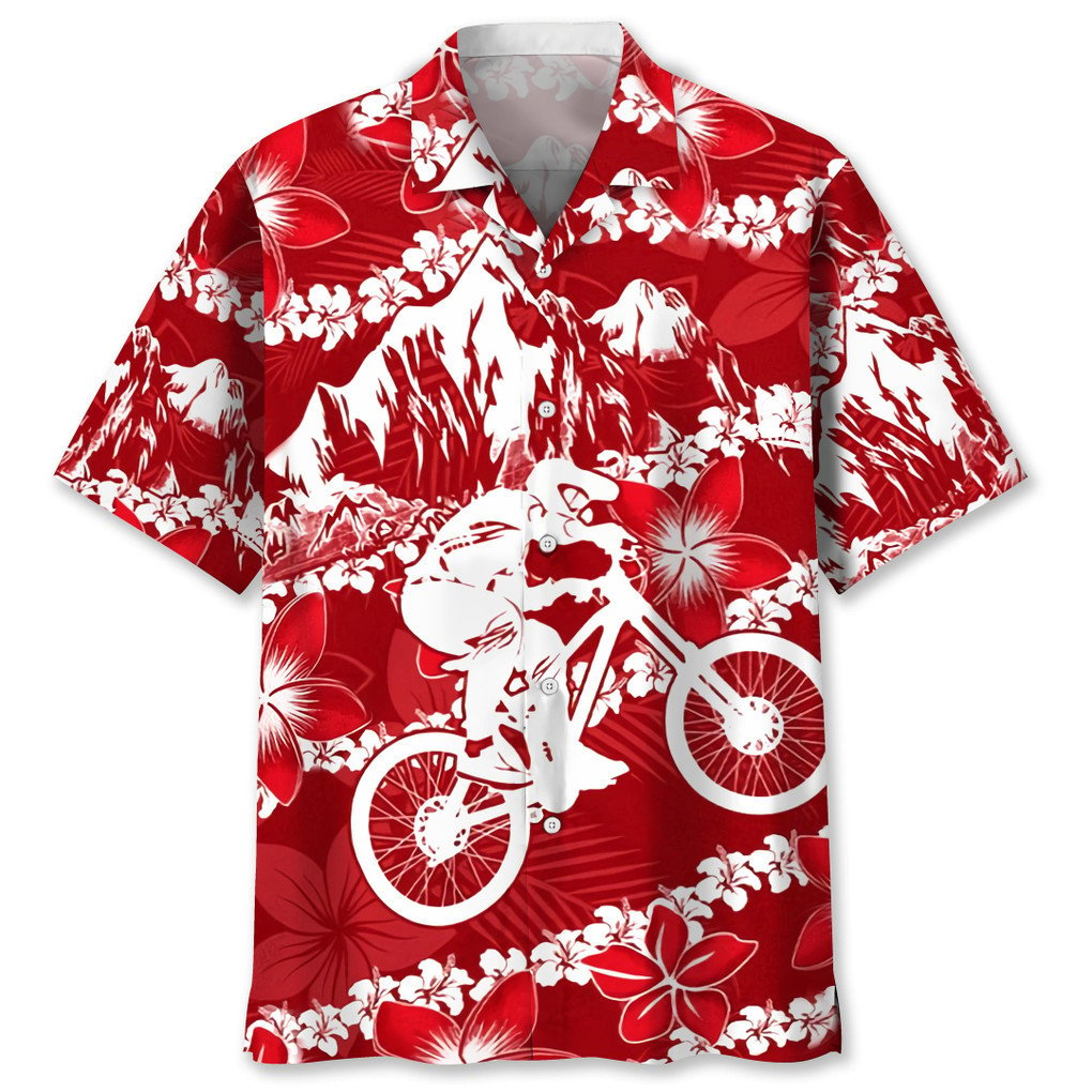 Mountain Bike Red Nature Hawaiian Shirt/ Red Flower Pattern Hawaiian Shirt