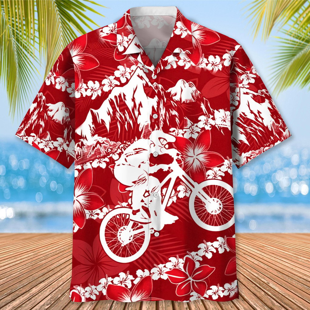 Mountain Bike Red Nature Hawaiian Shirt/ Red Flower Pattern Hawaiian Shirt