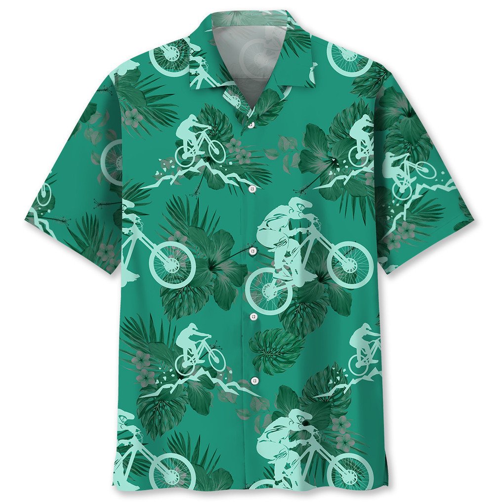 Mountain Bike Blue Nature Hawaiian Shirt/ Unisex Summer Beach Casual Short Sleeve Summer Vacation Beach Shirts