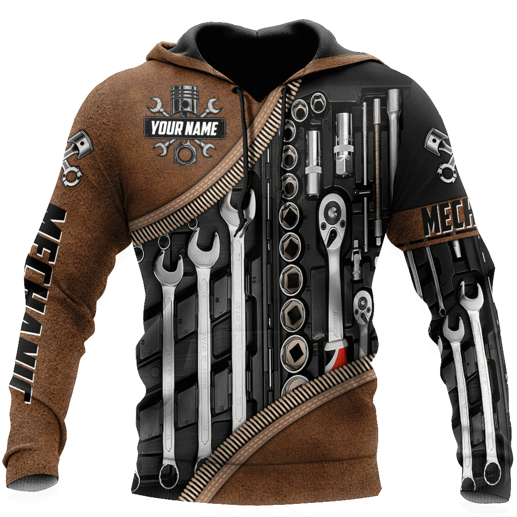 Personalized Name Tool Mechanic Leather Pattern Hoodie/ Mechanic Hoodie For Men And Women