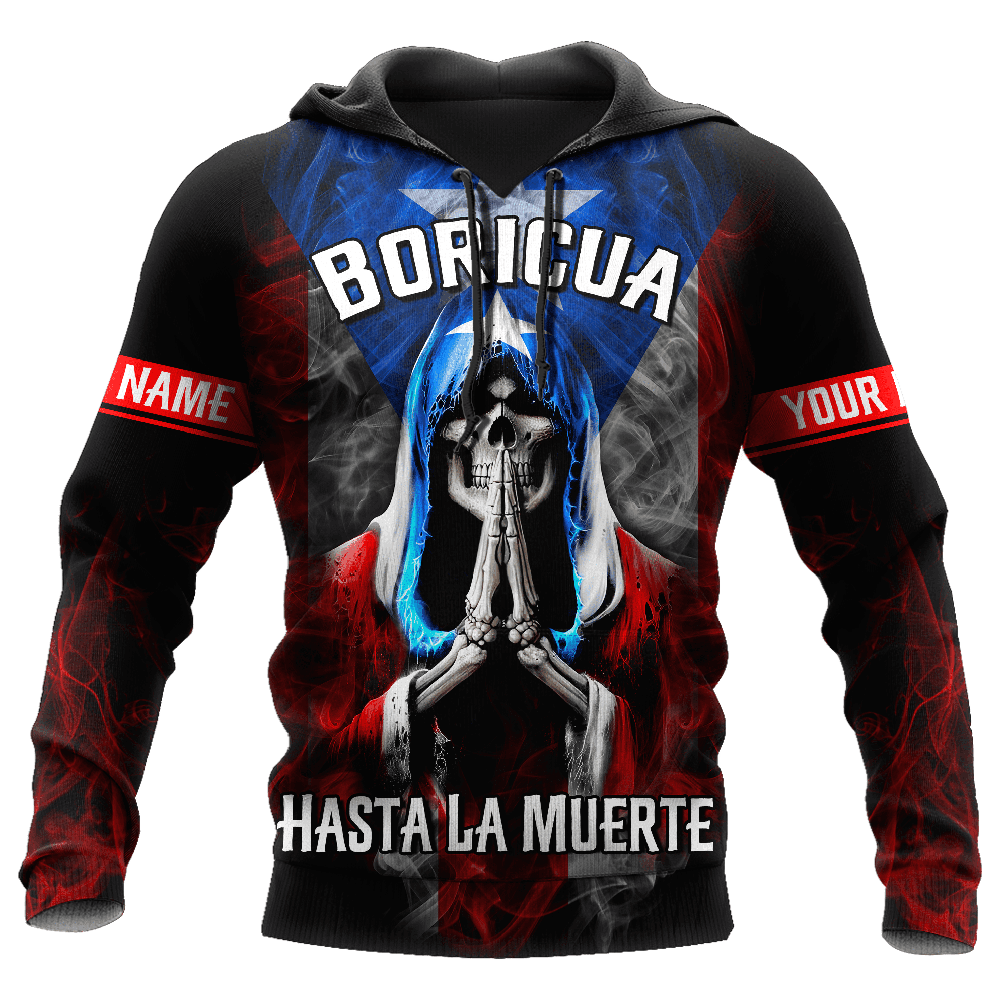 Personalized Name Peurto Rico Skull Boricua Hasta La Muerte Hoodie/ Skull Hoodie Shirt