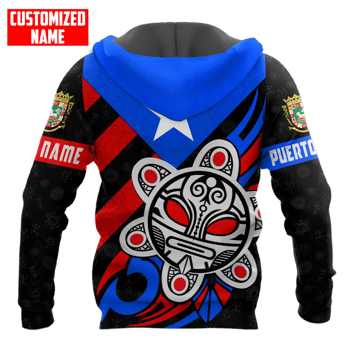 Personalized Name Taino Sun Puerto Rico Flag All Over Printed Unisex Hoodie Shirts/ Gift for Puerto Rican