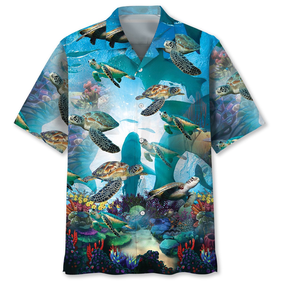 Turtle Shark Hawaiian Shirt/ Ocean Turtle Background Pattern Shirt/ Sea Turtle Summer Beach Hawaii Shirt
