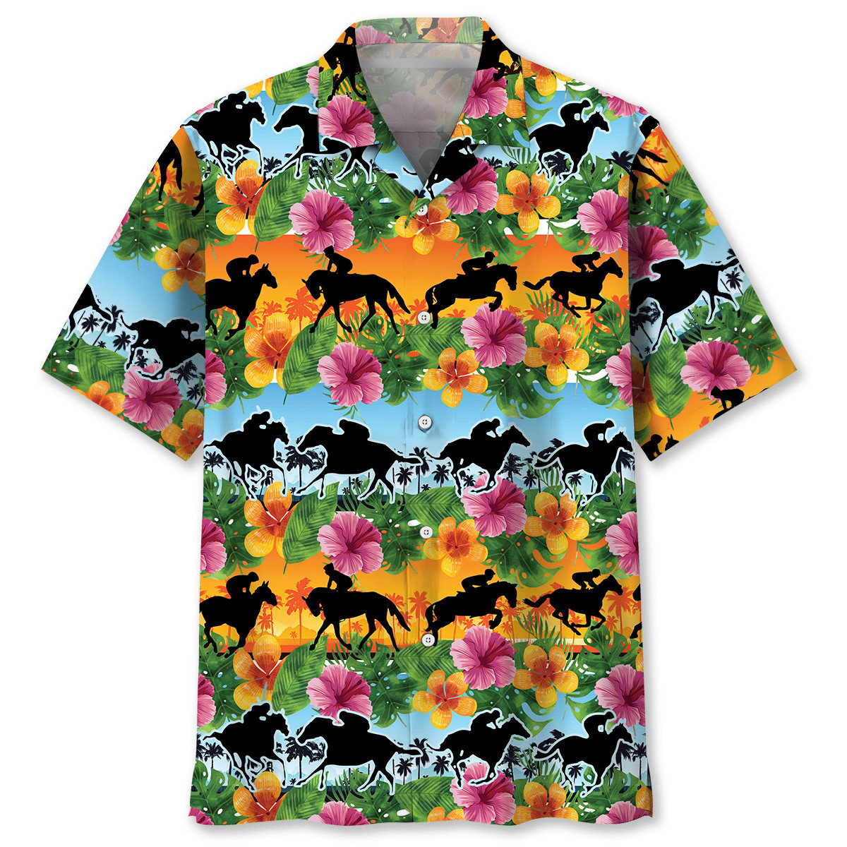 Horse Racing Tropical Color Hawaiian Shirt/ Gift for Horse Lover/ Horse Beach Hawaii Shirt