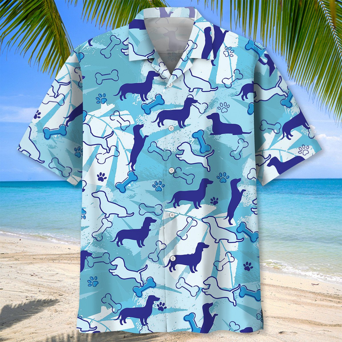 3D All Over Print Dachshund Blue Hawaiian Shirt/ Hawaii Beach Shirt for Dog Lover