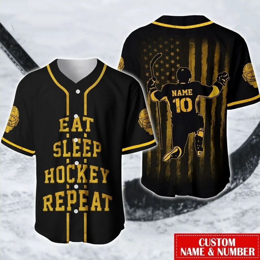 Hockey Eat Sleep Flag Personalized Baseball Jersey/ American Flag Hockey Shirt