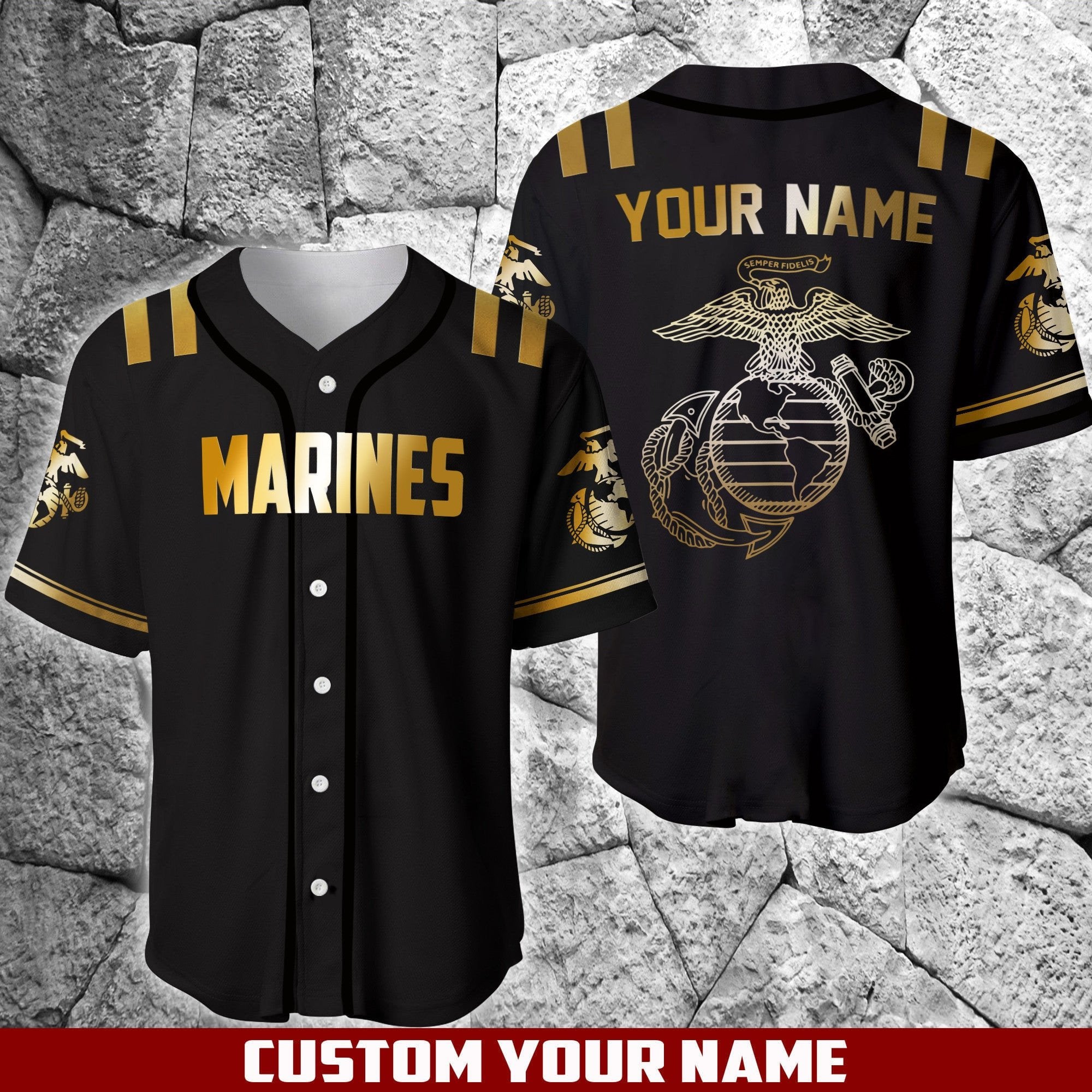 U.S Marine Black And Gold Eagle Personalized Baseball Jersey/ 3D Veteran Shirt Gift