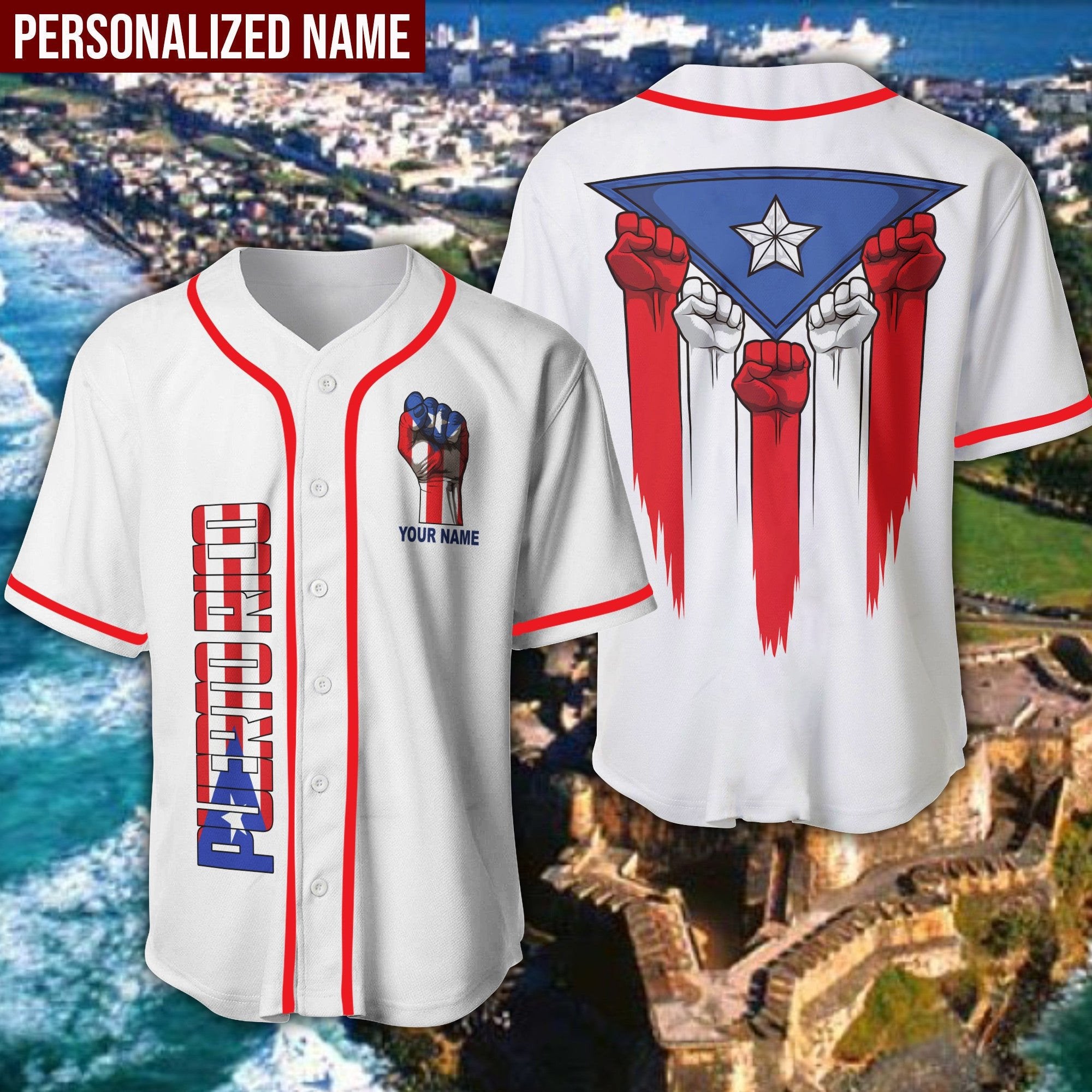 Puerto Rico Hand Raising Flag Personalized Baseball Jersey