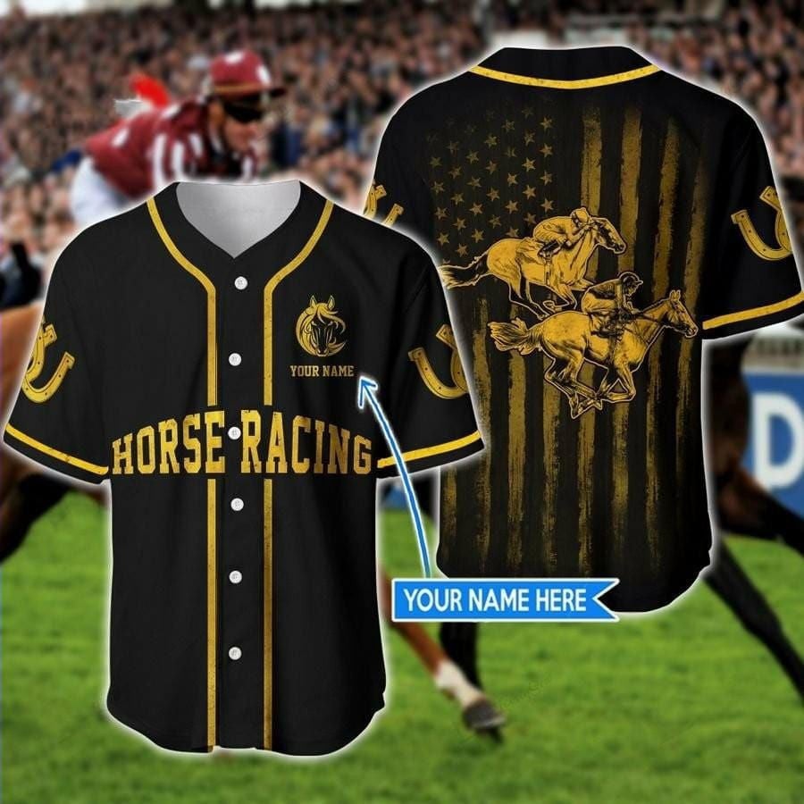 Horse Racing Golden Personalized Baseball Jersey/ 3D Shirt for Horse Racing Lover/ Flag American Shirt