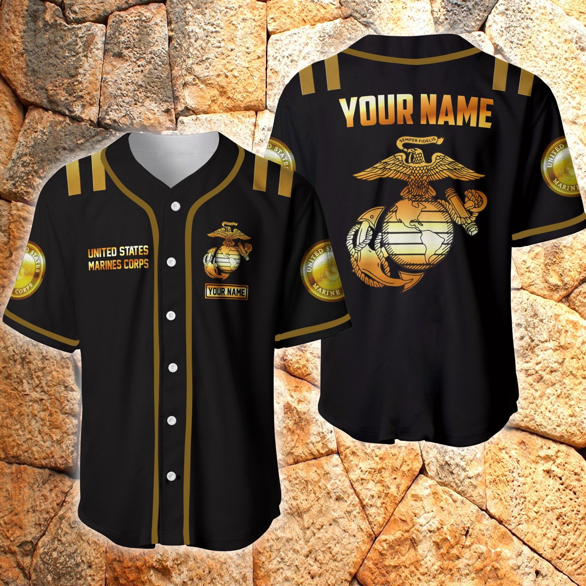 U.S Marine Black And Gold Eagle Personalized Baseball Jersey/ 3D Veteran Shirt Gift