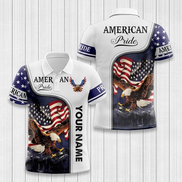 Custom Name American Pride White Leather 3D Independence Day July 4th Polo Shirt