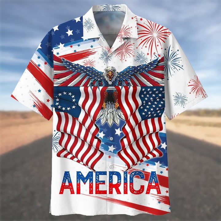 Happy Independence Day Flying Eagle U.S Flags All Printed 3D Hawaiian Shirt