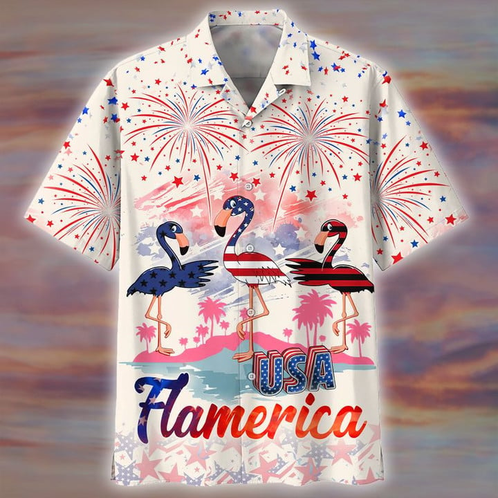 3D All Over Print Flamingo and Firework Pattern Independence Hawaiian Shirt